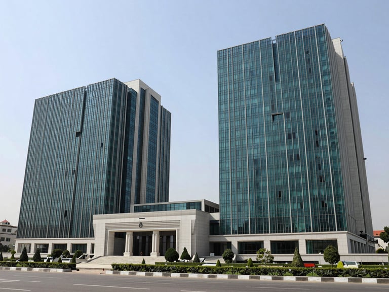 Wide architectural view of Islamabad's government district, clean geometric lines, bright daylight, professional corporate atmosphere.