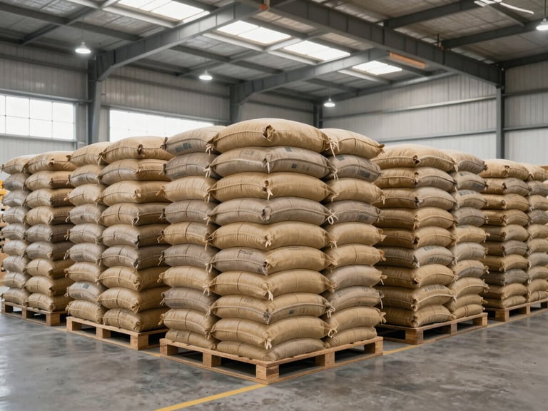 Modern warehouse interior with stacks of neatly organized agricultural commodity sacks, bright industrial lighting, wide environmental shot