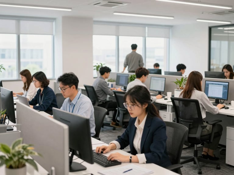 Busy open-plan office, diverse professionals working at desks, a sense of productive activity. High-key office lighting, candid shot.