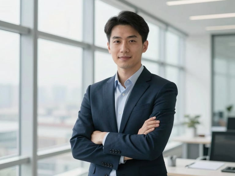 Professional portrait of a confident executive in a modern, high-rise office setting. Bright, natural daylight.