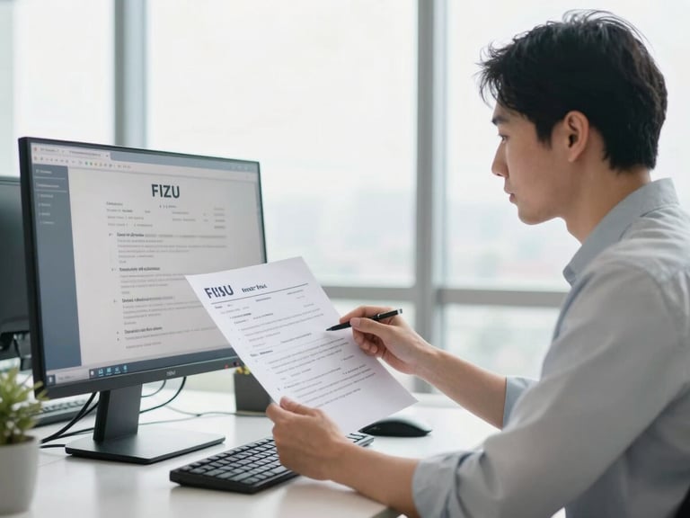 Professional in a modern office reviewing resumes, focused on a monitor. Bright, natural daylight, medium-close candid shot.