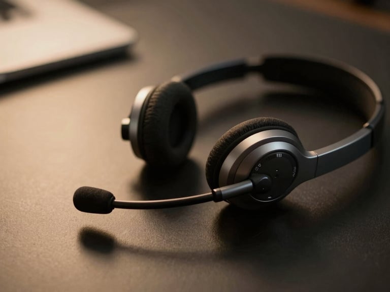 Close-up of a professional high-end communication headset resting on a clean dark desk, soft gold ambient lighting, shallow depth of field, 35mm