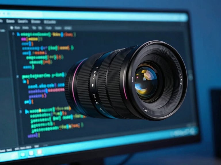 Sleek digital tech photography, close-up of clean code on a monitor with cyan and blue neon backlighting, 35mm lens