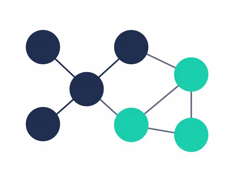 Clean vector illustration of minimalist geometric network nodes and ledger connections, high contrast flat design in deep slate and electric teal