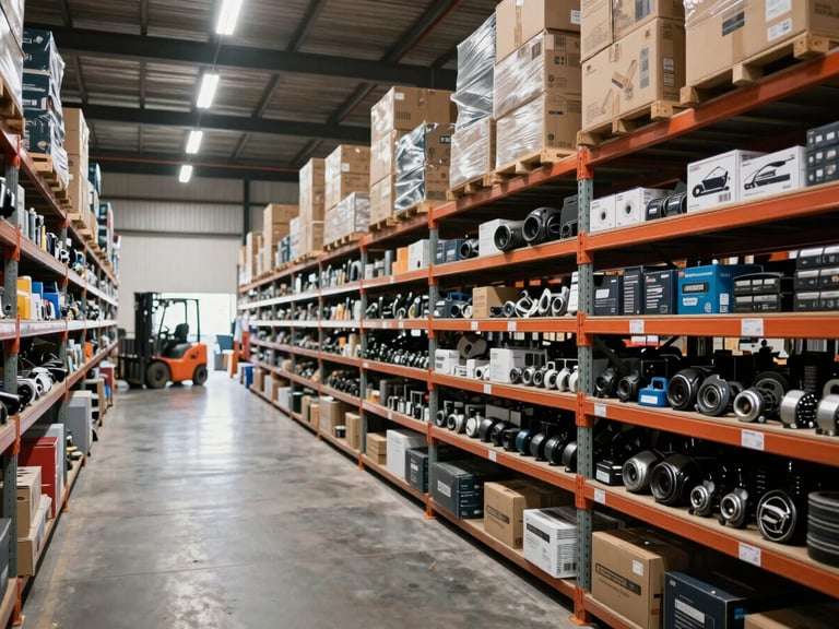 Wide shot of a large Nigerian distribution warehouse interior, rows of organized shelving holding automotive spare parts and boxed equipment, bright even overhead lighting illuminating orderly inventory, forklift visible in background left, deep perspective lines receding into the far wall