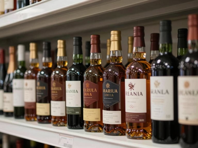Straight-on close-up of a row of whisky and wine bottles standing upright on a clean warehouse shelf, studio-balanced daylight, labels clearly visible, organized by category, white background, no people