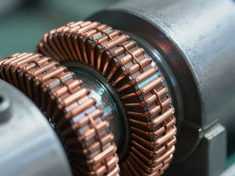 Macro close-up of copper wire coils being wound into an industrial electric motor stator, metallic textures, high-contrast daylight, professional 35mm lens