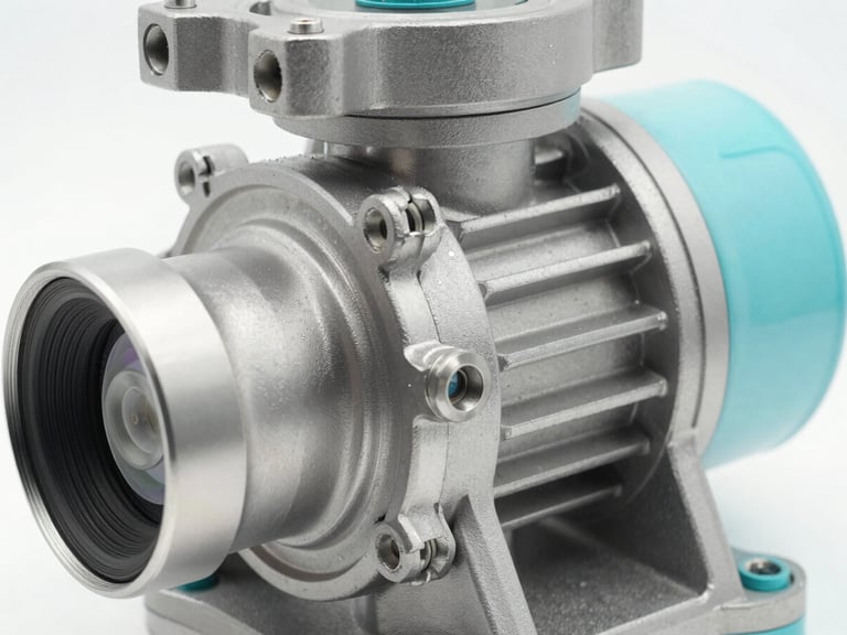 Macro close-up of a high-power water pump turbine, clean metallic surfaces, bright studio lighting with turquoise reflections, professional 35mm lens