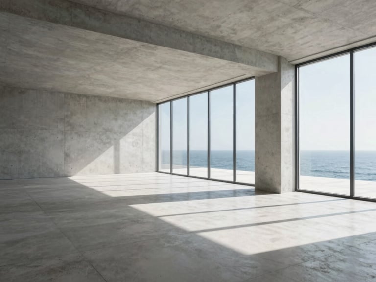 Wide sweeping environmental shot of a modern minimalist design studio with clean concrete lines, high-contrast crisp daylight, ocean views visible through large windows.