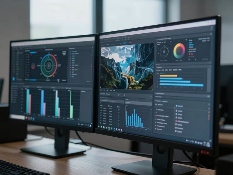 A sharp close-up of a high-fidelity digital interface mockup on a dual-monitor setup, cool daylight from a window, crisp shadows, modern workspace environment