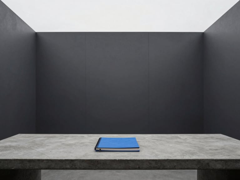 Minimalist architectural photography of a modern Utah workspace with clean lines, soft overcast daylight, muted charcoal tones, and a horizon blue accent notebook on a concrete desk, 35mm.