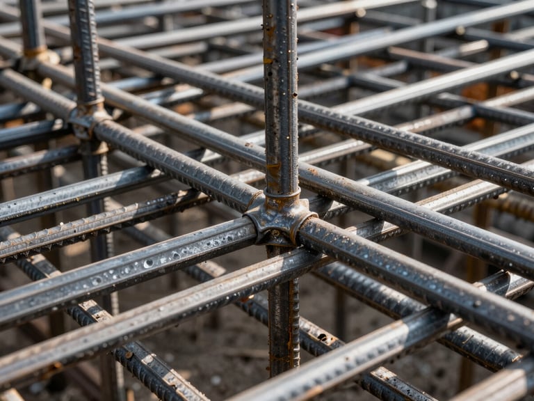 Tight macro shot of a complex rebar cage for a footing or foundation block, showing welded intersections, under bright construction site daylight, deep metallic tones, sharp focus on steel textures, 35mm