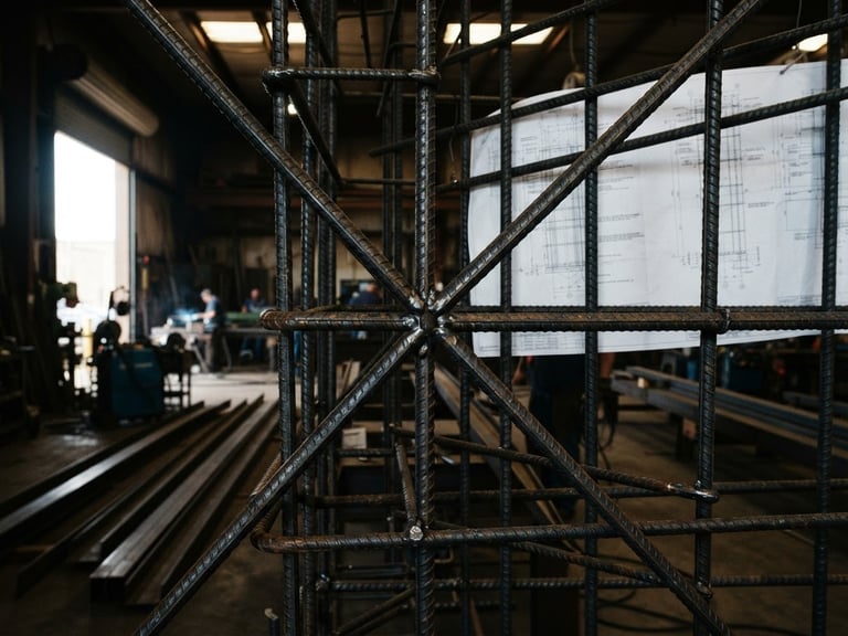 Close-up of structural rebar cage, precisely welded, with architectural blueprints overlaid, high-contrast workshop light, deep metallic tones, sharp focus on steel textures, 35mm.