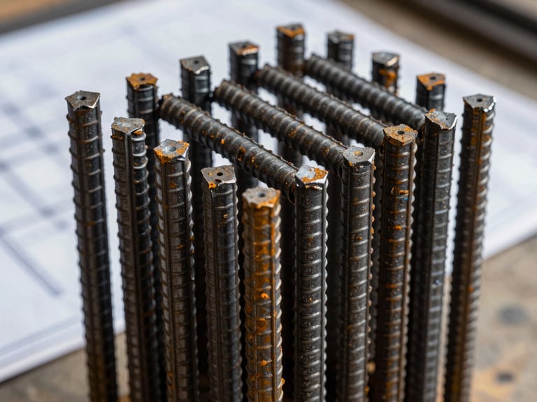Close-up of precisely cut and bent rebar for a structural column, with blueprints in the background, high-contrast natural workshop light, deep metallic tones, sharp focus on steel textures, 35mm