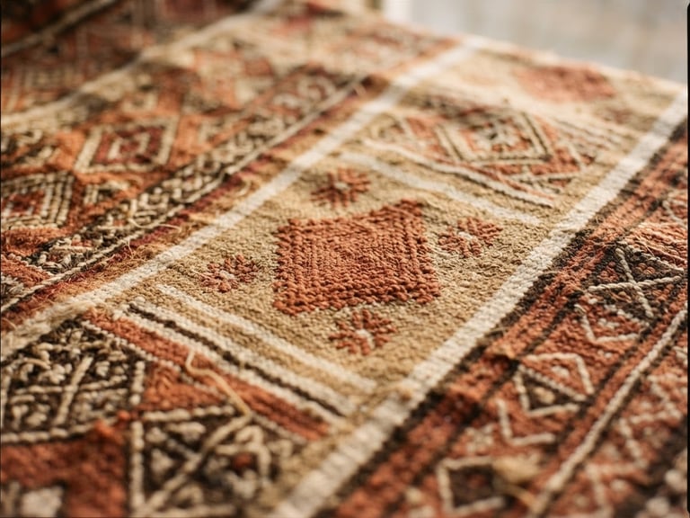 A close-up of a traditional hand-woven Sahelian textile with intricate terracotta and sand geometric patterns, warm natural window lighting, rich earth tones.