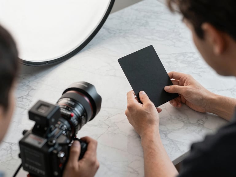 Overhead of a content shoot in progress — a camera operator framing a product flat-lay on a marble surface, hands visible adjusting a reflector card, north-facing daylight, no artificial fill