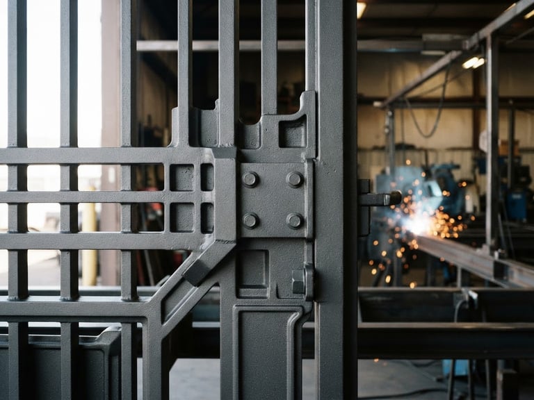 Industrial-grade architectural metalwork, close-up of a massive casting aluminium gate with clean powder-coated charcoal finish, crisp architectural lines, high-contrast daylight.
