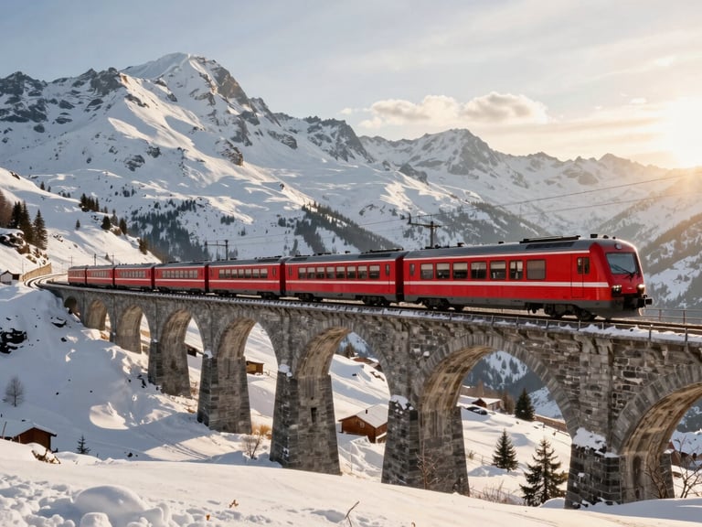 A red passenger train winding through the snow-capped Swiss Alps, crossing a high stone viaduct, bright natural golden hour light