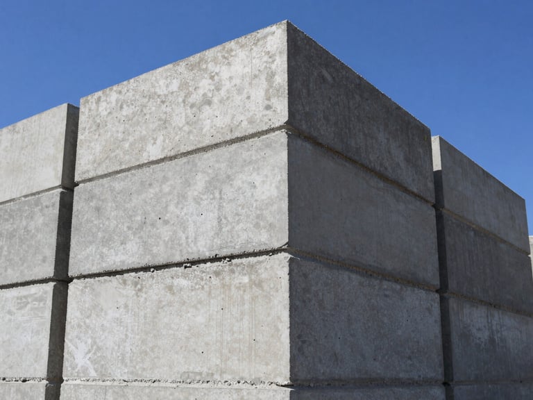 Low-angle heroic shot of stacked concrete solid blocks in a sunny yard, sharp edges, high-contrast concrete textures, industrial documentary photography, bright midday sun, cool grey and deep blue tones, 50mm lens.