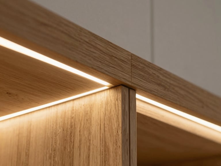 Detailed close-up shot of a natural oak wooden joint with integrated warm LED lighting strip, clean architectural lines, minimalist aesthetic.