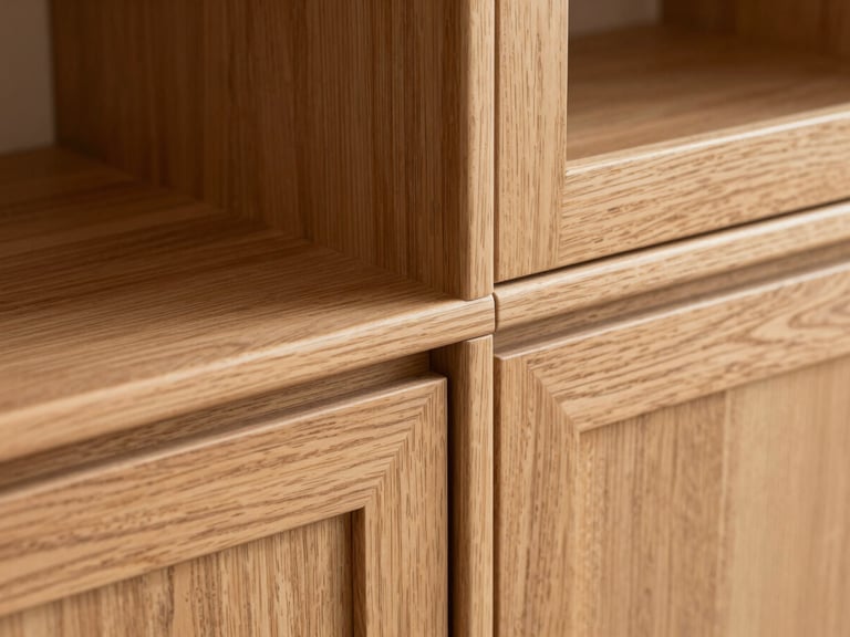 A detailed architectural landscape shot of a flawless wood joint on a custom cabinet, natural oak grain matching perfectly with absolute precision, warm side-lighting highlighting the clean textures.