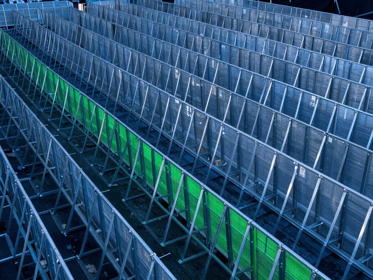 High-volume setup of clean galvanized steel crowd control barriers at a major stadium concert, dramatic dusk lighting, orderly grid layout