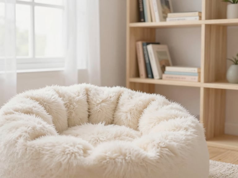Close-up of faux fur bean lounger in a cozy corner, pastel wood floating book rack in background, soft natural window light, 35mm