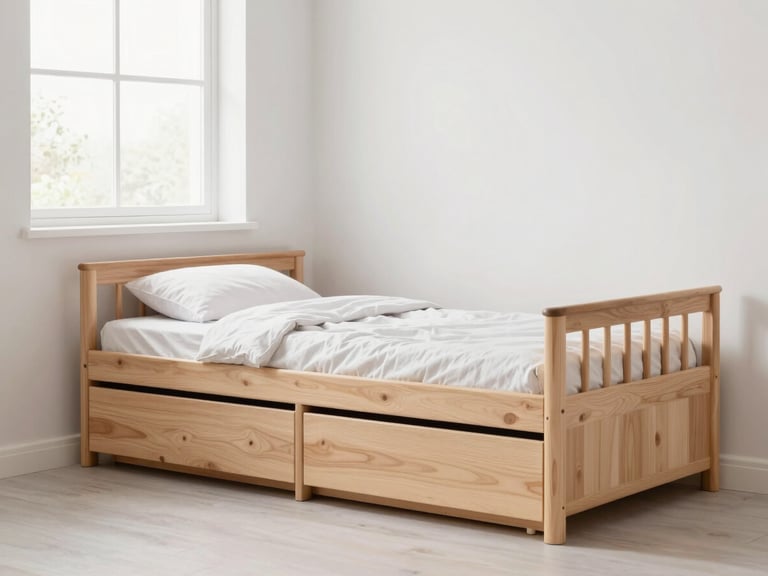 Bright teen bedroom, light wood ModuRoom bed with storage drawers, soft natural window light, pastel accents, 35mm