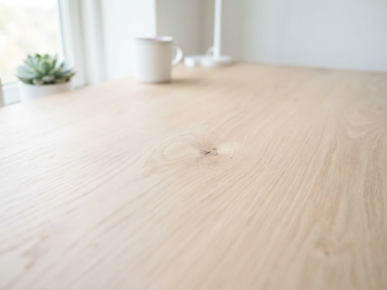 Close-up of light pastel wood grain on a ModuRoom desk, soft natural window light, clean Scandinavian aesthetic, 35mm