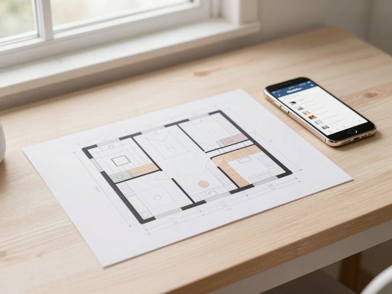 Overhead shot of a teen room layout drawing on a pastel desk, next to a smartphone with ModuRoom website, soft natural window light, 35mm