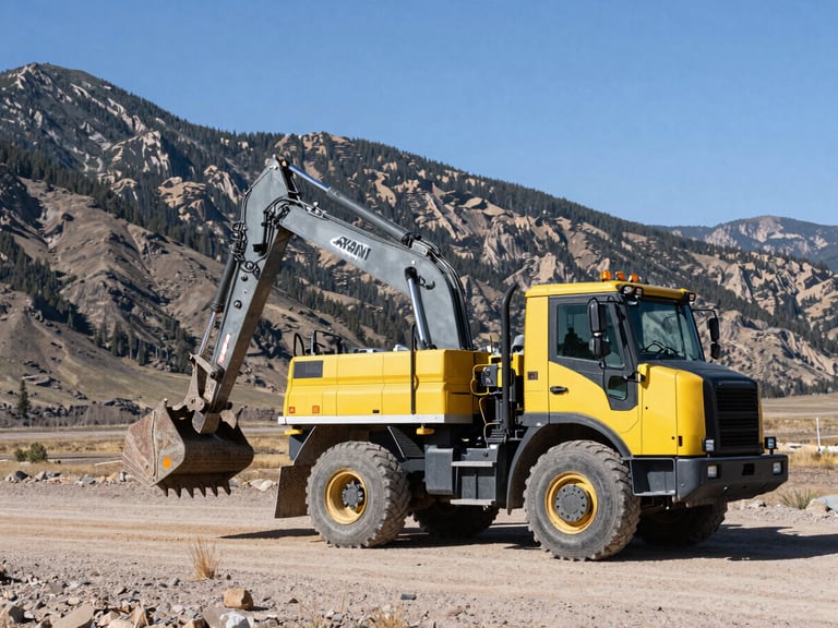Panoramic view of a hydro-excavation truck working in a mountainous Colorado landscape, crisp daylight, high-contrast cool tones.