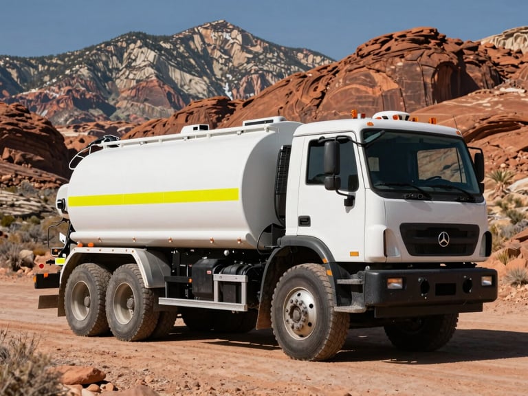 Heavy-duty vacuum truck against a backdrop of red rock formations in Utah, sharp details, high-contrast light.