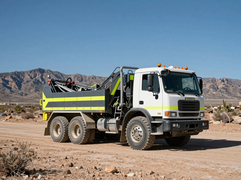Hydro-excavation truck on a job site in the high desert of New Mexico, clear blue sky, rugged industrial photography.