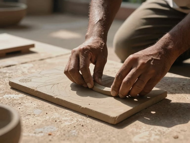A close-up of hands arranging raw clay tiles on a sunlit stone courtyard in Bengaluru, showing architectural texture, sharp shadows, natural light.