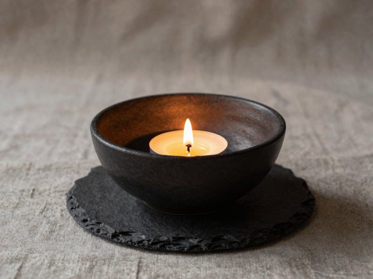 Moody editorial photography of steam gently rising from a dark slate ceramic bowl, low-key warm candlelight, deep soft shadows, linen texture background, 35mm lens