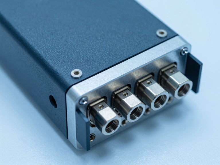 Extreme close-up of a ruggedized VME chassis, military-grade aluminum enclosure, cool clinical blue laboratory lighting, sharp macro focus on metallic connectors