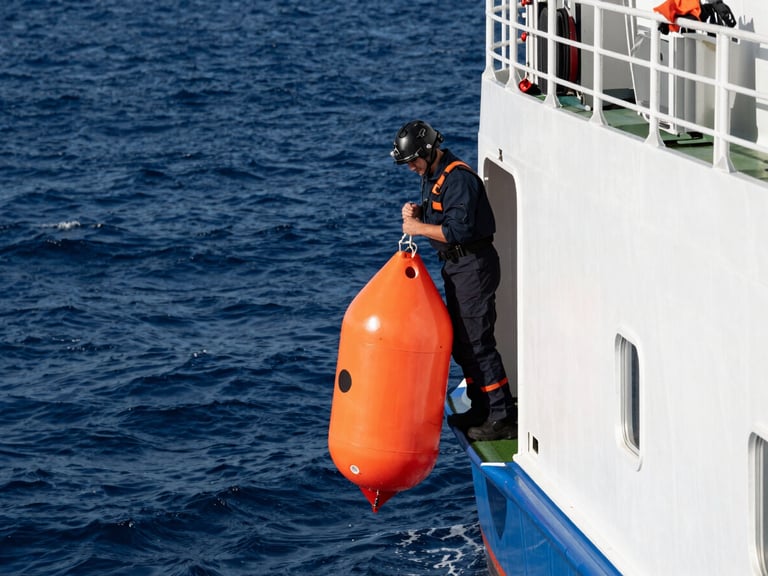 A marine operations specialist hand-launching a bright orange Spotter buoy from the stern of a commercial vessel into deep blue water.