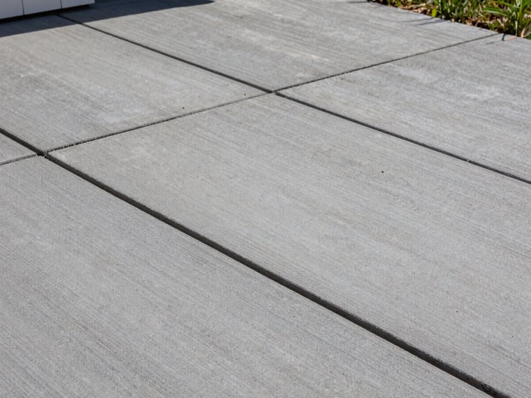 Overhead close detail of newly laid concrete pavers on a finished residential patio, natural daylight, tight grout lines, clean flush surface, slate-gray tone, no people