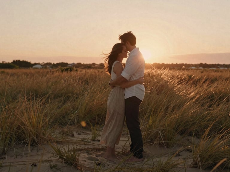 Cinematic wide shot of a couple embracing in a wild grassy field at sunset, warm lens flare, natural wind-blown hair, soft sand and terracotta tones