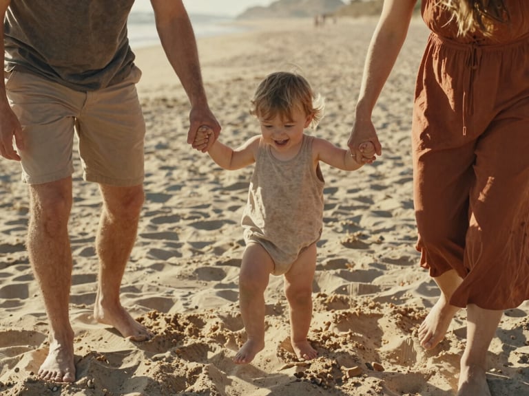 Candid lifestyle shot of parents playing with their toddler on a sandy beach, warm golden light, genuine laughter, cinematic composition, shallow depth of field