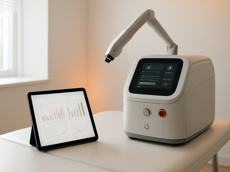 A clean-cut modern aesthetic clinic room, a high-end laser device on a sleek table, a tablet showing structured medical charts with warm orange ambient lighting and subtle green indicators, bright daylight, 35mm