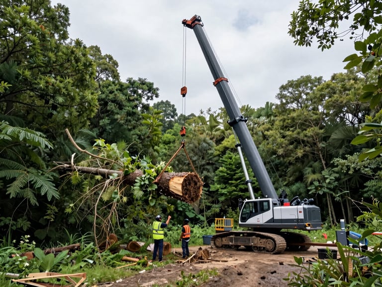 Heavy machinery (crane or shredder) in action, lifting a large tree section, arborist on the ground directing, wide environmental shot of the work zone, overcast daylight.