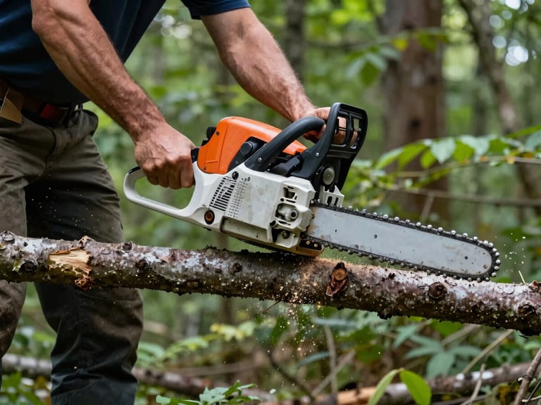 Arborist in harness, close-up of hands making a clean cut with a chainsaw on a thick branch, sawdust flying, dynamic low-angle shot, crisp natural daylight, deep forest greens.