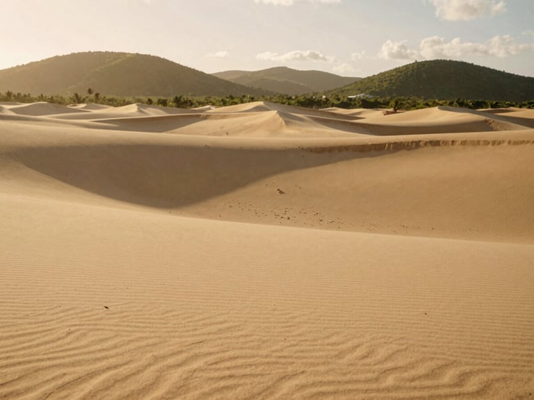 Wide panoramic view of Ceará landscape, soft golden hour light, sand dunes merging with distant green hills, warm sun-washed tones, 35mm photography