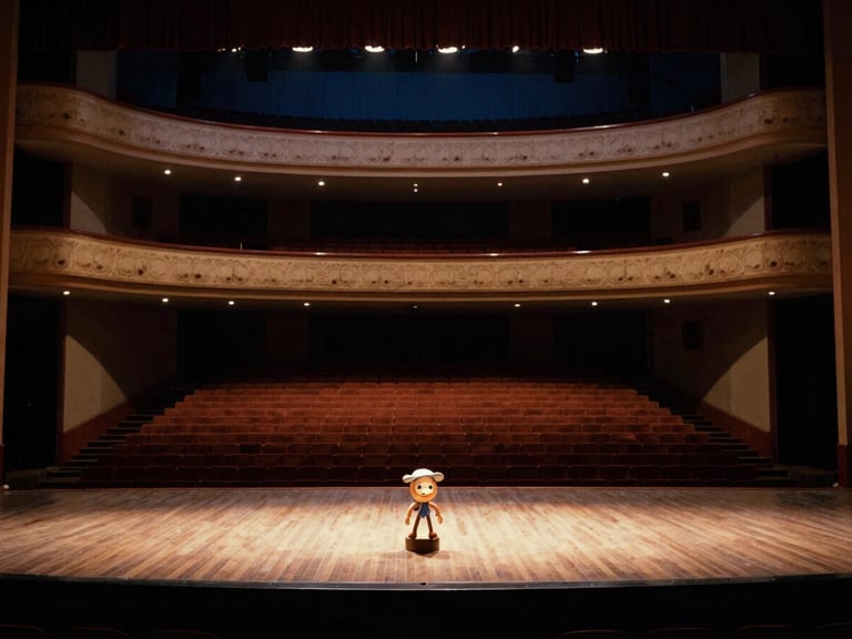Dramatic stage lighting on an empty theater stage, a single spotlight on a small, whimsical prop, wide cinematic shot, warm glow, 35mm film