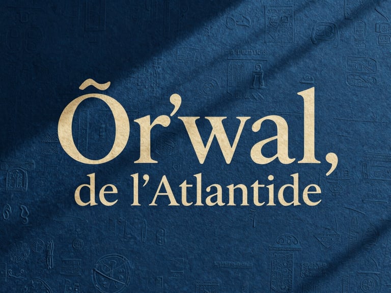 Detailed, textured cover art of 'Õr’wal, l’Oracle de l’Atlantide' with ancient symbols and deep blue hues, cinematic lighting, rich paper texture.