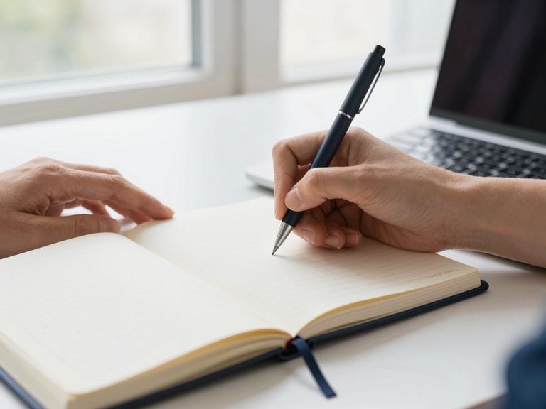Close-up of hands writing in a physical planner next to an open laptop, bright natural window light, 35mm lens.