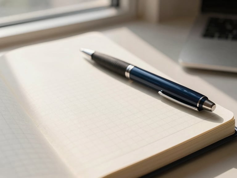 Macro detail of a clean desk setup, a notebook with structured grid lines, a sleek pen, filtered warm morning light casting soft shadows, muted navy and warm sand tones.