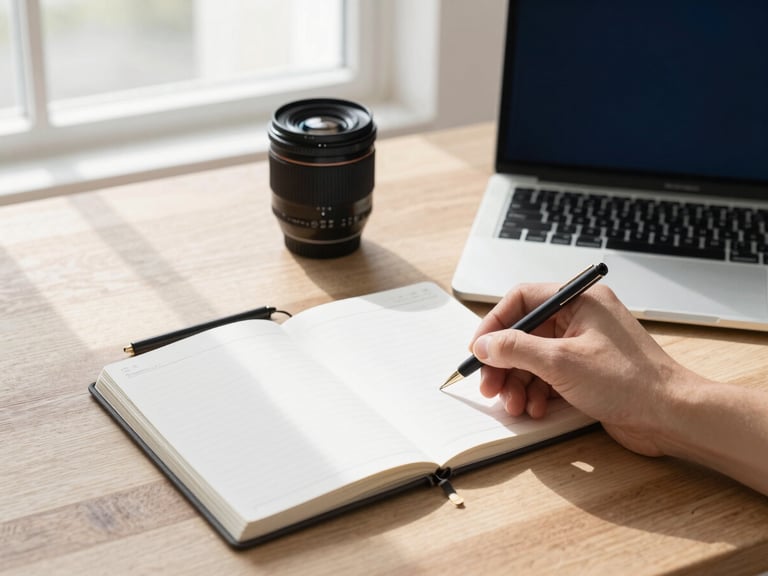 An organized modern workspace with architectural lines, hands writing in a physical planner next to a laptop on a wooden desk, bright natural window light casting soft shadows, 35mm lens.