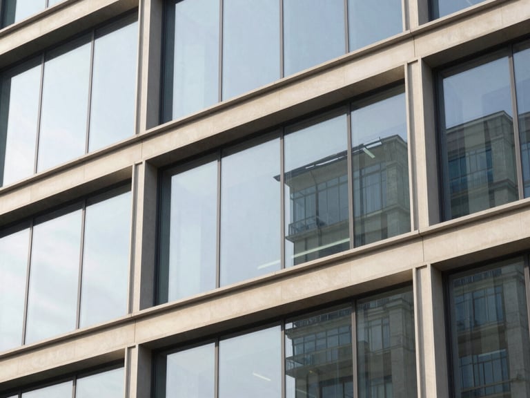 Architectural detail of a modern office building with clean lines and glass facade, bright natural window light.